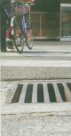 Ein Abflussgulli genau in Höhe des Zebrastreifens in der Meichelbeckstraße birgt nach Meinung der kommunalen Behindertenbeauftragten Waltraud Joa ein erhebliches Gefahrenpotenzial für Menschen mit Handicap und Ältere.